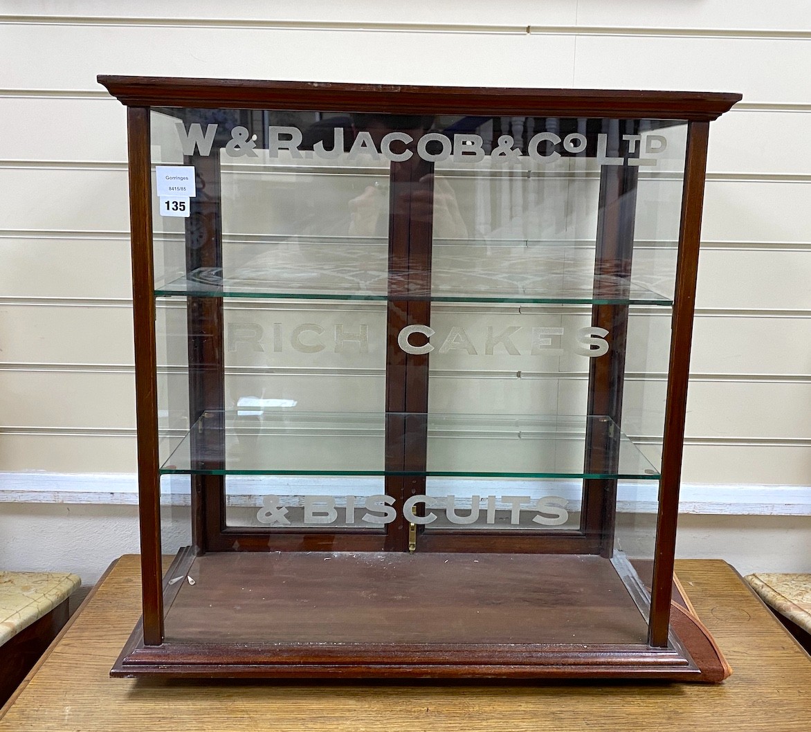 A late Victorian W & R. Jacobs & Co. Ltd. mahogany shop display cabinet, width 66cm, depth 34cm, height 66cm